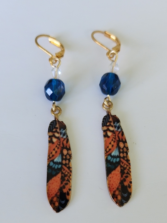 J & R Gems! Jewelry - Gold-Tone Blue & Orange Feather-Pattern Dangle Earrings!